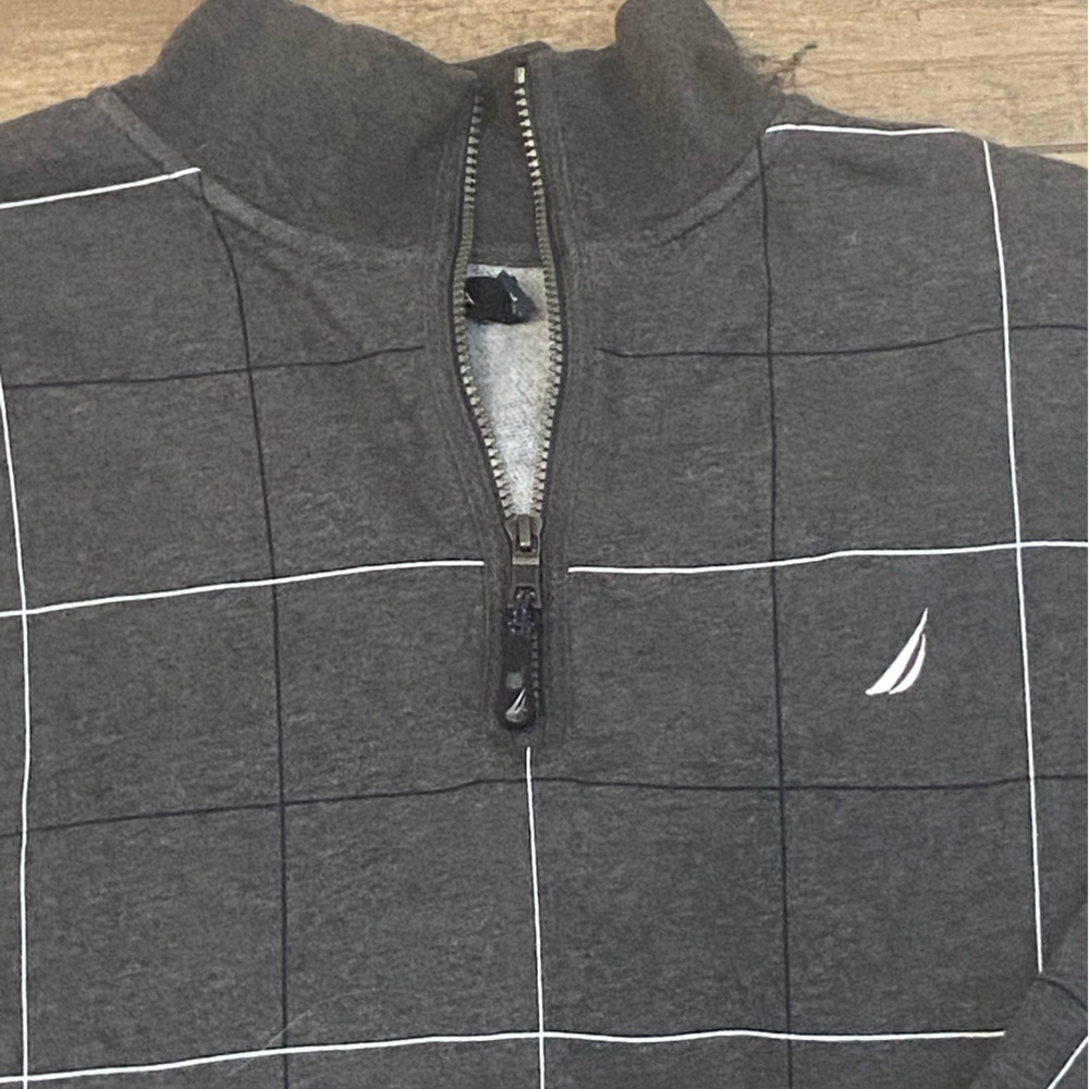 Nautica Men's Charcoal 1/4 Zip-Up Sweater with White Grid - Picture 8 of 10